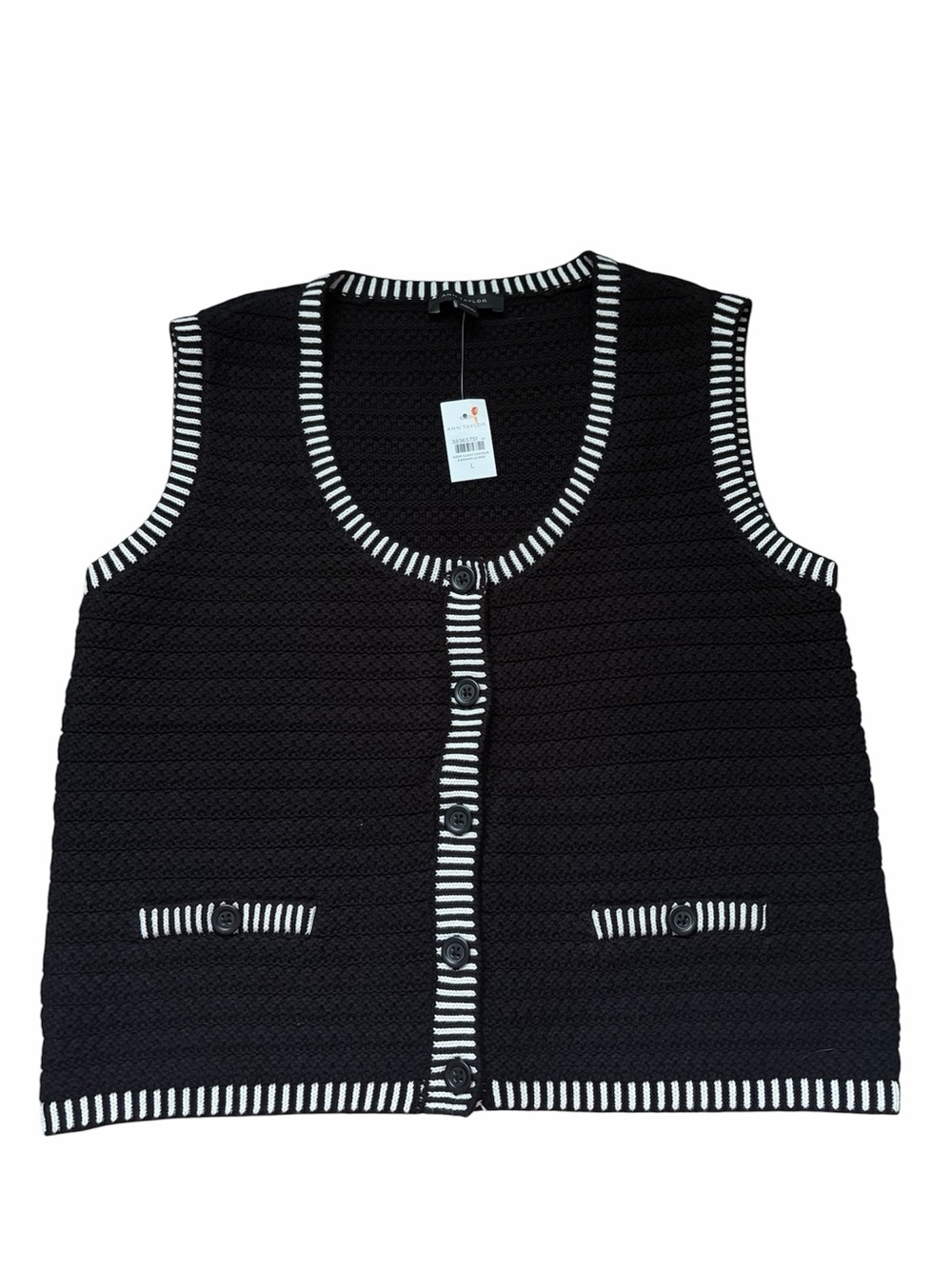 NWT Ann Taylor Black Knit Button-Front Vest with White Striped Trim Large